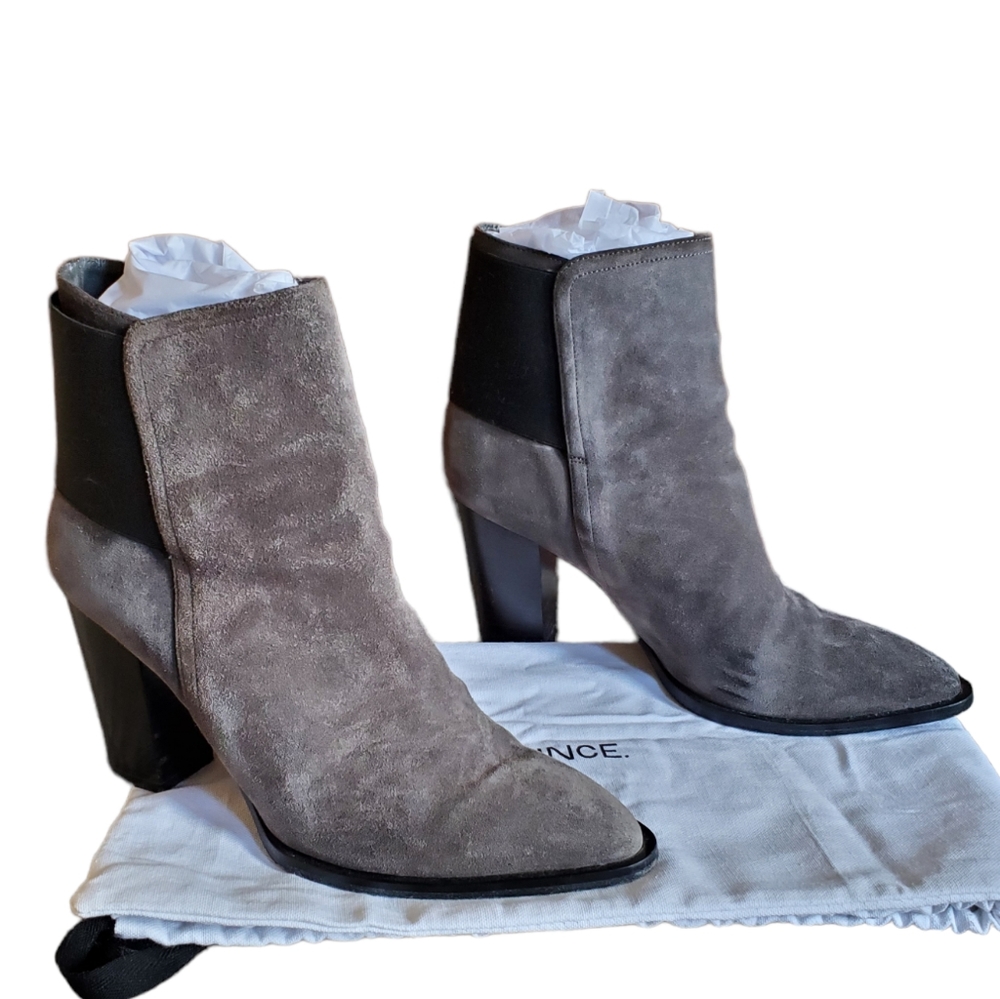 VINCE Ellen Charcoal Gray Suede Leather Block Heel Pointed Toe Ankle Booties 41